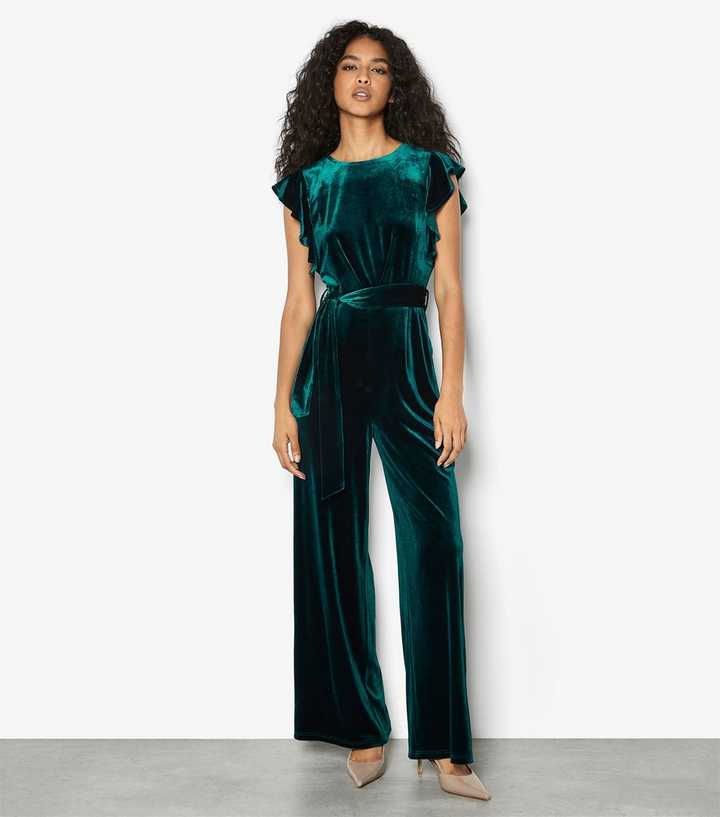 Apricot Dark Green Velvet Ruffle Trim Sleeveless Jumpsuit