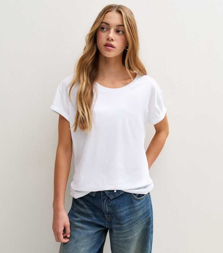 Girls Off White Cotton Roll Sleeve T-Shirt