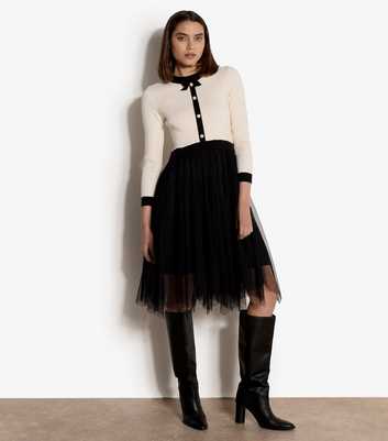 Apricot Cream and Black Knit Long Sleeve Tulle Skirt Dress