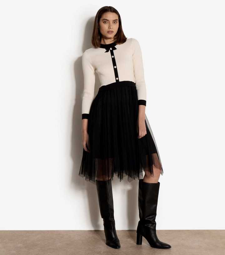 Apricot Cream and Black Knit Long Sleeve Tulle Skirt Dress