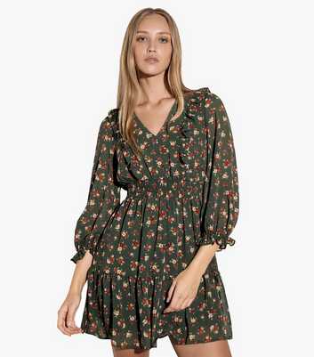 Apricot Green Floral Ditsy Print Ruffle Mini Dress