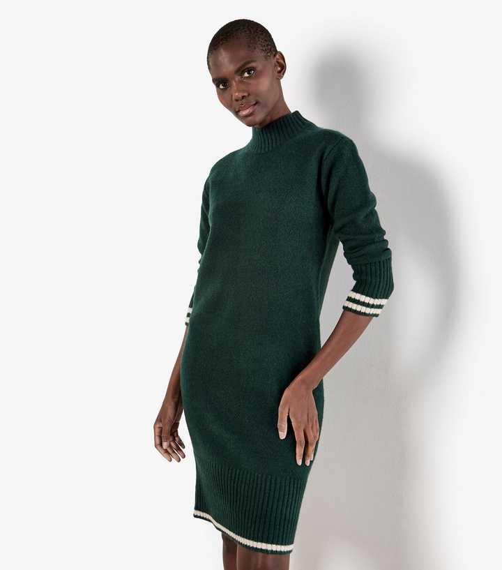 Apricot Green Cotton Rich Knitted High Neck Striped Trim Midi Dress