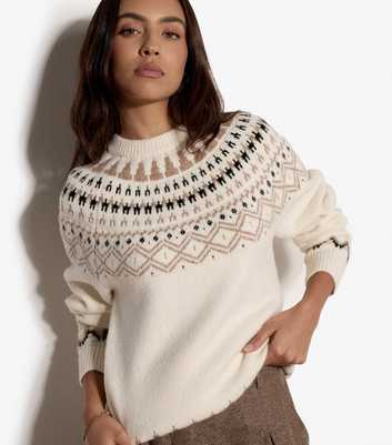 Apricot White Fair Isle Knitted Crew Neck Jumper