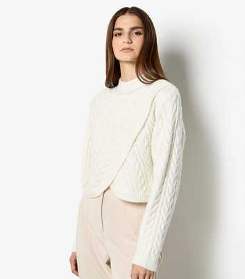 Apricot Cream Cable Knit Mock Neck Front Wrap Jumper