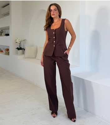 Girl In Mind Dark Brown Front Pleat Tailored Wide Leg Trousers