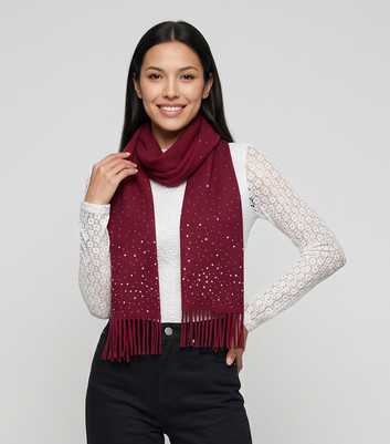 Gini London Dark Burgundy Gem Embellished Tassel Edge Scarf