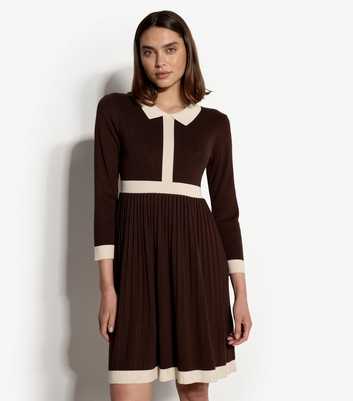 Apricot Brown Contrast Trim Retro Pleated Dress