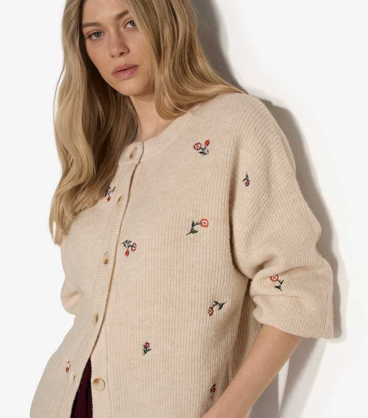 Apricot Stone Floral Embroidered Ribbed Cardigan