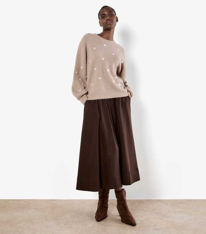 Apricot Stone Floral Embroidered Ribbed Jumper