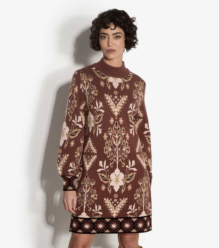 Apricot Brown Mirror Jacquard Knit Dress