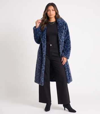 Gini London Blue Leopard Print Faux Fur Longline Coat
