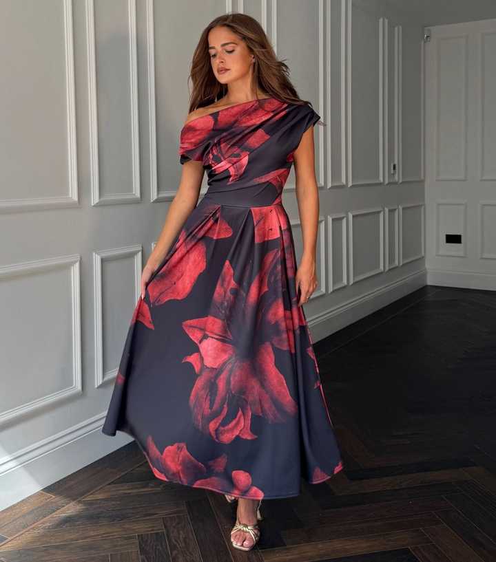 Girl In Mind Black Floral Printed Off The Shoulder Pleated Skirt Midi Dress