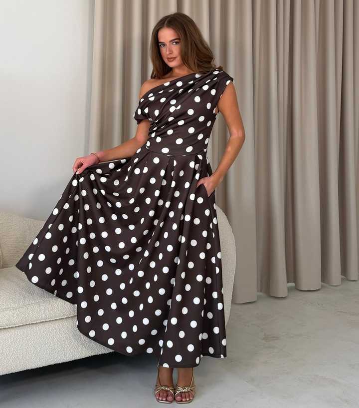 Girl In Mind Dark Brown Polka Dot Off The Shoulder Pleated Skirt Midi Dress