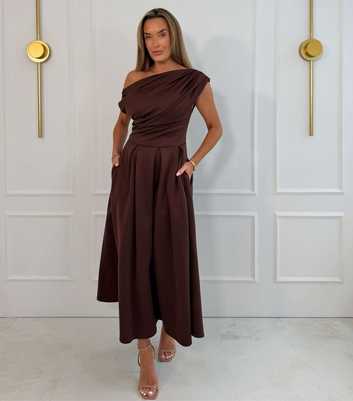 Girl In Mind Dark Brown Off The Shoulder Pleated Skirt Midi Dress