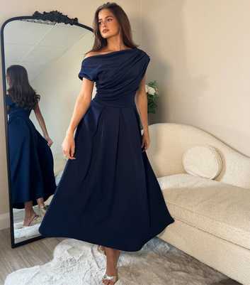 Girl In Mind Navy Off The Shoulder Pleated Skirt Midi Dress