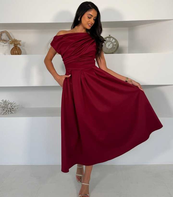 Girl In Mind Dark Burgundy Off The Shoulder Pleated Skirt Midi Dress