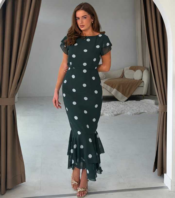 Girl In Mind Dark Green Polka Dot Boat Neck Frill Midi Dress