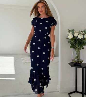 Girl In Mind Navy Polka Dot Boat Neck Frill Midi Dress