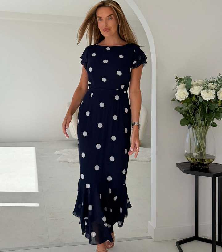 Girl In Mind Navy Polka Dot Boat Neck Frill Midi Dress