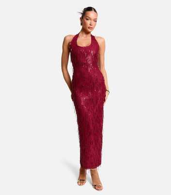 Public Desire Bright Red Halter Neck Sequin Midi Dress
