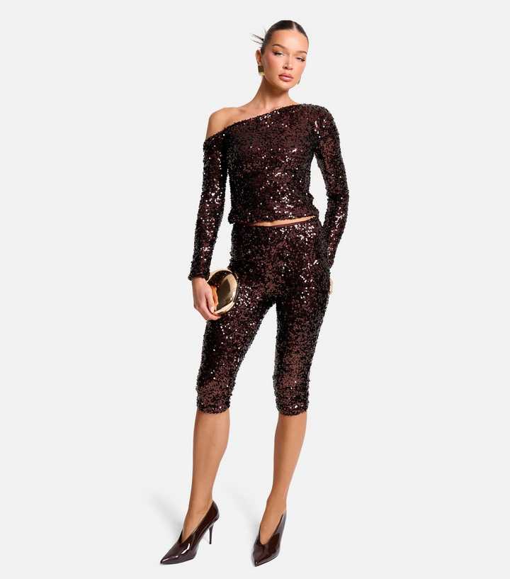 Public Desire Dark Brown Sequin Capri Trousers