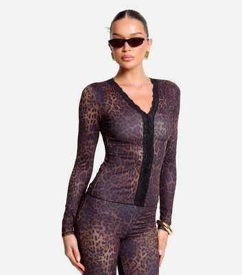 Public Desire Brown Leopard Print Lace Trim V Neck Top