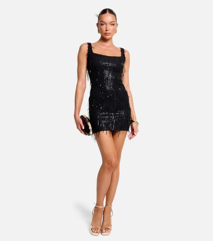 Public Desire Black Square Neck Sequin Tassel Mini Dress