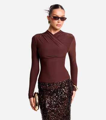 Public Desire Dark Brown Ruched Neck Slinky Top