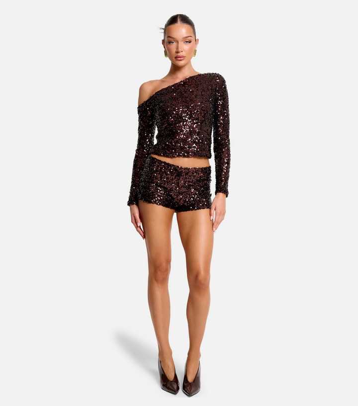 Public Desire Dark Brown Sequin Mini Hot Pant Shorts