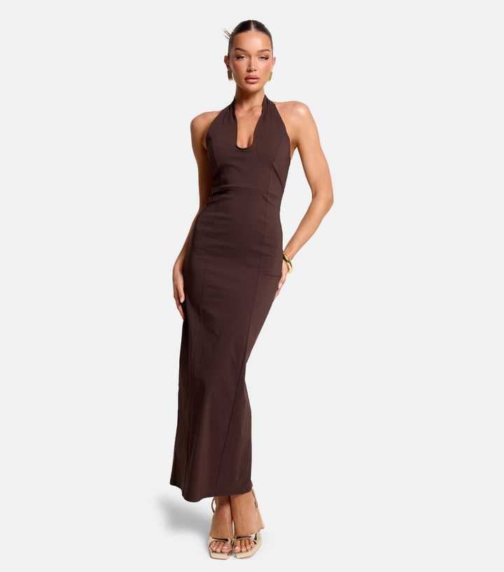 Public Desire Dark Brown Plunge Halter Neck Maxi Dress