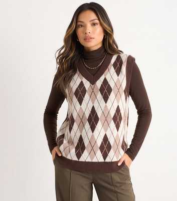 Gini London Brown Argyle Knit Sleeveless Jumper