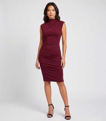 Gini London Dark Burgundy High Neck Ruched Seam Mini Dress