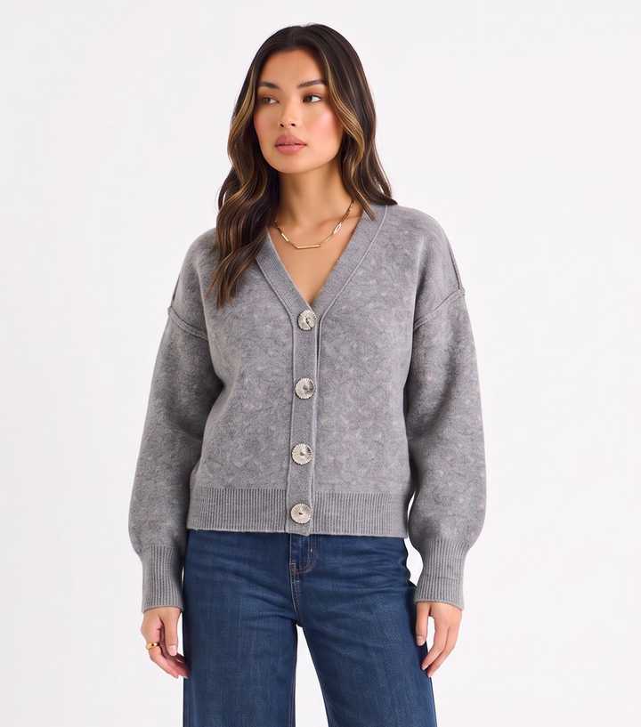 Gini London Dark Grey Polka Dot Button Through V Neck Cardigan