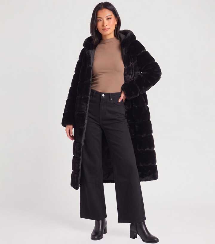 Gini London Black Faux Fur Panelled Hooded Longline Coat