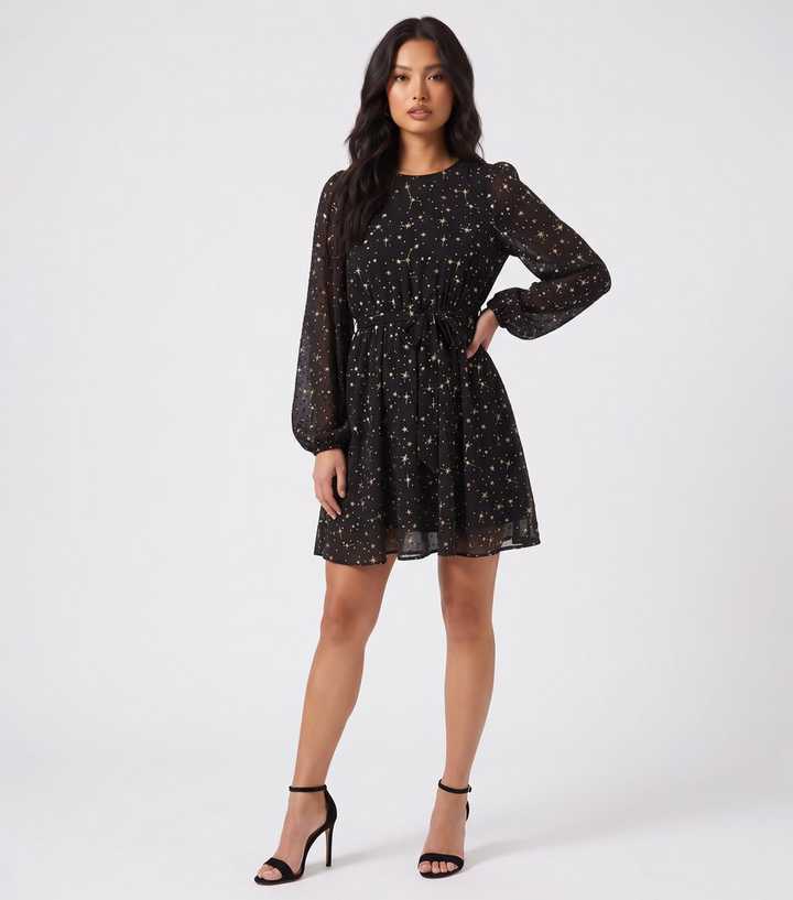 Gini London Black Chiffon Star Print Long Sleeve Mini Dress