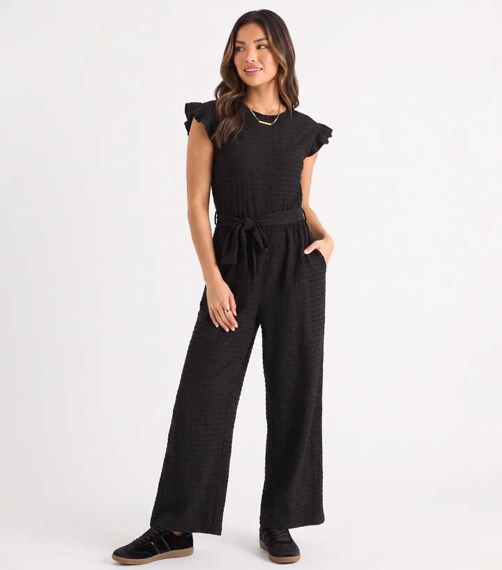 Gini London Black Crinkle Textured Sash Waist Tie Jumpsuit
