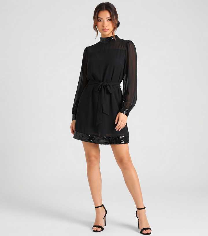 Gini London Black Sequin Embellished High Neck Mini Dress