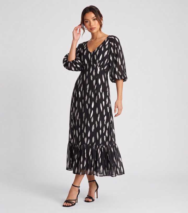 Gini London Black Feather Print Jacquard Balloon Sleeve Maxi Dress