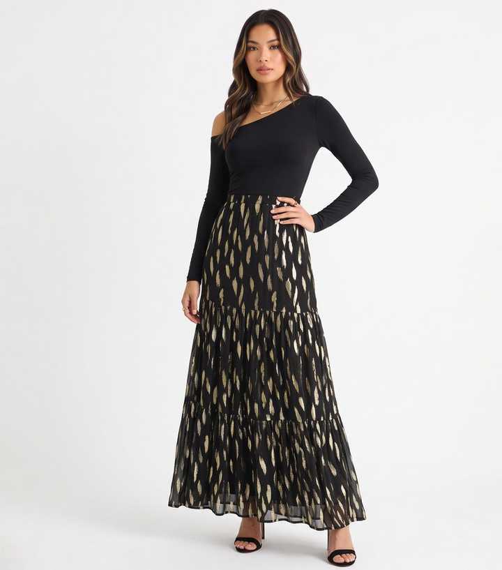 Gini London Black Jacquard Feather Print Tiered Maxi Skirt
