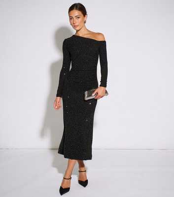 Gini London Black Glitter Embellished Off The Shoulder Midi Dress